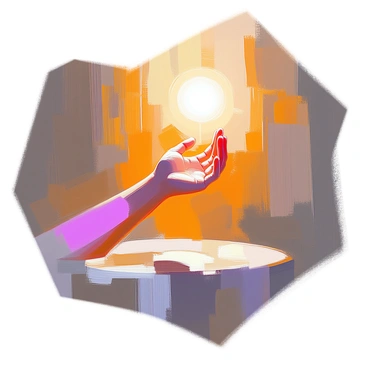A human arm with light skin is extending towards a bright light source located above, casting a warm glow across the scene. The background features a dimly lit room with shadowy corners, emphasizing the contrast between light and darkness. The fingers are slightly outstretched, capturing a sense of longing or desire as they reach towards the illuminated area. Soft reflections of light can be seen on the arm, highlighting its contours and the play of light within the space.