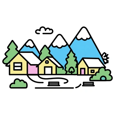 A small mountain village with wooden houses, nestled among "snow-capped peaks" in the background. The houses have sloping roofs covered in snow, surrounded by "lush greenery" including trees and bushes. There is a dirt path winding through the village, leading to a central area with a "small fountain" and benches for seating. The sky above is clear with a few fluffy clouds. The village exudes a sense of tranquility and isolation amidst the towering mountains.