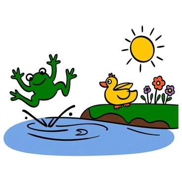 A green frog with big eyes and smooth skin is jumping playfully along the riverbank. Beside it, a yellow duck with big eyes and fluffy feathers is waddling happily. The frog is splashing its webbed feet in the water, while the duck is flapping its wings, causing ripples to spread across the surface. The riverbank is lined with green grass and colorful wildflowers, adding a vibrant touch to the scene. The sun is shining brightly, casting cheerful reflections on the water.
