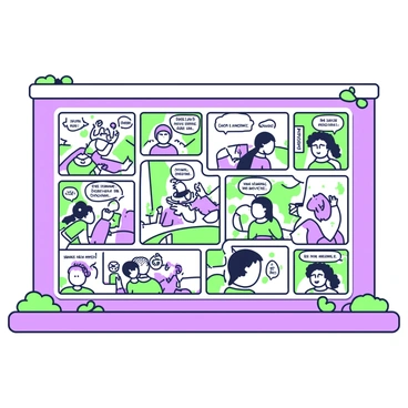 A wall covered in comic strips, each featuring a sequence of illustrated panels