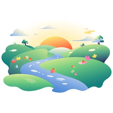 A surreal landscape features rolling hills that undulate gently across the scene. The hills are painted in varying shades of green, with patches of vibrant flowers scattered throughout. The sky is filled with warm hues of gold and orange, indicating a golden sunrise on the horizon. Wispy clouds float delicately, illuminated by the early morning light. In the distance, a few whimsical trees with unusual shapes rise above the hills, and a small stream meanders softly through the landscape, reflecting the colors of the sky.