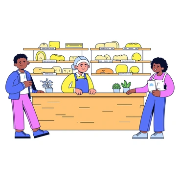 A cozy cheese shop in Grenoble with wooden shelves displaying a variety of local cheeses. The cheeses are arranged on the shelves, showcasing different shapes and sizes, including round wheels and blocks. There are labels underneath each cheese, providing names and descriptions. The shop has a rustic wooden counter where a friendly shopkeeper stands, smiling and ready to assist customers. Soft lighting illuminates the space, enhancing the warm atmosphere. There are small decorative plants placed on the counter and around the shop, adding a touch of greenery. A customer is seen browsing the cheeses with a look of delight.