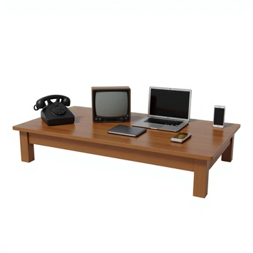 A wooden table with a smooth finish displaying a series of technological devices arranged chronologically from left to right. On the far left, there is an antique rotary phone with a black body and a circular dial. Next to it, a bulky boxy television with a small screen and dials on the front. Following that, there is a first-generation laptop with a thick profile and a monochrome display. In the center, a sleek smartphone with a large touch screen and minimal buttons is placed prominently. Finally, on the right, there is a modern smartwatch with a round face and a digital interface. Each device reflects distinct design elements and materials representative of its era. The background is softly blurred to emphasize the devices on the table.