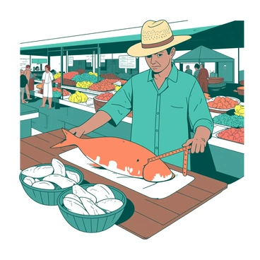 A teal local fisherman is standing at a wooden table in an open market, measuring a large orange fish with a tape measure. The fisherman is wearing a straw hat and a faded blue shirt. Surrounding him are various baskets filled with different types of fish, all glistening with freshness. In the background, there are colorful market stalls filled with produce, and a few people are browsing nearby. The early morning sunlight casts soft shadows on the scene.