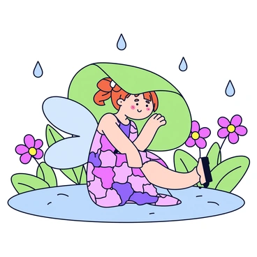 A flower fairy with delicate wings, sitting in a relaxed pose, is sheltering under a large green leaf. The fairy has a vibrant dress made of flower petals in shades of pink and purple. Raindrops are gently falling from the sky, creating small splashes around her. The background showcases a blurred garden scene with various colorful flowers and soft green foliage. The atmosphere is peaceful, captured in a moment of quiet contemplation as the rain falls softly.
