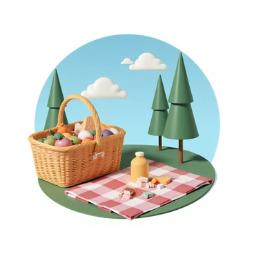 A picnic basket made of woven willow, filled with an assortment of fruits, sandwiches, and pastries. Next to the basket, there is a red and white checkered blanket spread out on the grass. The blanket is adorned with various snacks, including cheese cubes, crackers, and a bottle of lemonade. In the background, tall green trees provide shade, and a bright blue sky with a few fluffy white clouds is visible. Sunlight filters through the leaves, casting dappled patterns on the ground.