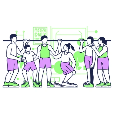 A group of five athletes is performing pull-ups on a horizontal bar. The athletes are positioned closely together, demonstrating teamwork and support. They are wearing athletic gear, including sleeveless tops and shorts. Each athlete has a different body type, showcasing diversity in the team. The first athlete at the left is a tall individual with an athletic build, gripping the bar with a determined expression. Next to them, a shorter athlete is focused, pulling themselves up with visible effort. The third athlete is smiling as they assist the fourth, who is struggling slightly but is motivated. On the far right, another athlete is cheering on their teammates, creating an atmosphere of encouragement and camaraderie. In the background, a gym setting is visible, with gym equipment and a motivational poster on the wall.