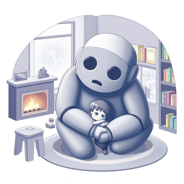 A sad golem comforting a lonely child in a cozy living room.