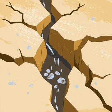 A close-up view of cracked soil with deep fissures and rough textures. The gaps in the soil reveal dark, damp earth beneath. Water is visibly seeping through the cracks, glistening in the light, creating small puddles. Surrounding the cracks, there are patches of melting permafrost, with glistening ice crystals reflecting light. The scene captures the contrast between the dry, cracked ground and the moisture emerging from below.