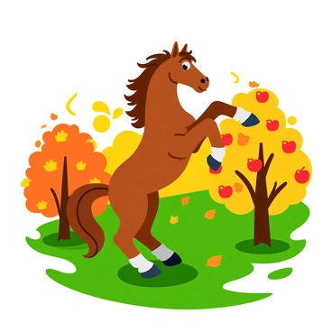 A bucking horse with a glossy chestnut coat rears up on its hind legs in a dynamic pose. The horse's mane flows wildly in the air, showcasing long strands that catch the sunlight. Around the horse, vibrant autumn leaves in shades of orange, yellow, and red spiral down from the trees. The orchard is filled with fruit-bearing trees, their branches heavy with ripe apples, and the ground is carpeted with a mix of grass and colorful leaves. The bright sun shines down, casting warm light across the scene, enhancing the vivid colors of the landscape.