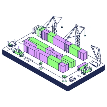 A layout of a shipping harbor is depicted from an overhead perspective. The composition includes several docks lined with large shipping containers stacked in neat rows. There are multiple cranes positioned along the docks, extending their arms over the containers. The cranes are shown in varying positions as if they are in the process of loading and unloading cargo. Adjacent to the container areas, there are pathways for vehicles transporting goods. The overall scene is bustling with activity, capturing the efficiency and organization of a busy shipping harbor.
