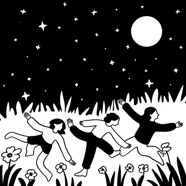 A group of elves lying on their backs in a lush green meadow. They are surrounded by wildflowers and tall grass, with their arms spread out comfortably. The night sky above them is filled with numerous stars, shining brightly. Some constellations are clearly visible, and a large full moon illuminates the scene. The elves are dressed in flowing garments, and their hair blends into the natural surroundings.
