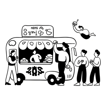 A person standing at a food truck with a menu board displaying various food items. The person is holding a taco in one hand and a salad in the other, appearing unsure. Next to them, a whimsical character with a round body and exaggerated features is floating, displaying a playful demeanor. The food truck is decorated with vibrant graphics, and there are colorful plates of food on the counter. The ground is paved with cobblestones, and several customers are gathered around, some in line and others enjoying their meals.