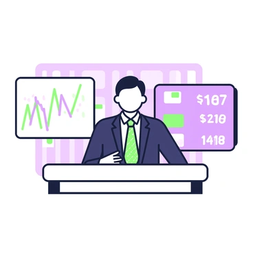 A financial news anchor is seated at a modern news desk, reporting live on Forex market trends. The anchor is a man with short hair, wearing a tailored navy suit with a crisp white shirt and a patterned tie. In front of him, there are two large screens displaying dynamic graphs and charts related to currency fluctuations. On the left screen, a line chart shows recent trends with green and purple lines, while the right screen features live currency exchange rates updating in real-time. The studio has a sleek design with soft lighting, emphasizing the professionalism of the news environment.