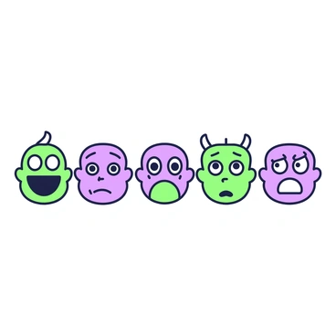A series of five faces arranged in a row, each displaying a distinct emotion. The first face on the left shows "joy," with wide eyes and a broad smile. The second face expresses "sadness," featuring downturned lips and teary eyes. The third face illustrates "surprise," its eyes wide open and mouth agape in astonishment. The fourth face demonstrates "anger," with furrowed brows and a scowling mouth. The fifth face conveys "fear," characterized by raised eyebrows and a small, frightened frown. Each face is outlined in green and purple, emphasizing the various emotional expressions.