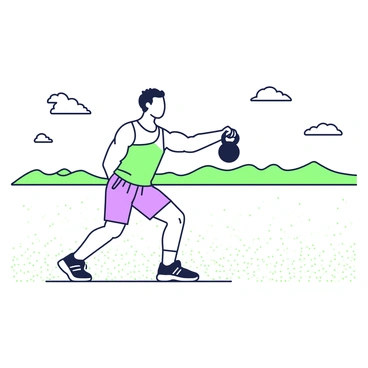 A fitness enthusiast is performing kettlebell swings on a vast desert plain. The individual is wearing a sleeveless athletic shirt and shorts, revealing toned muscles. They are in mid-swing, with a kettlebell extended in front of them, and their focus is intense. The ground is flat and covered with fine grains of sand, stretching out to the horizon. The sky above is clear, with a few wispy clouds scattered across it. In the background, distant sand dunes rise gently against the skyline, creating a sense of isolation in the expansive landscape.