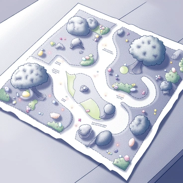 A treasure map spread out on a wooden table. The map includes detailed illustrations of various sections of a garden, highlighting paths, trees, and bushes. Small "X" marks indicate specific locations where hidden Easter eggs can be found. The garden features a winding pathway, colorful flower beds, and a large oak tree. Scattered throughout the map are playful notes, such as "Look behind the big rock" and "Check under the leafy bush." The edges of the map are slightly tattered, suggesting it has been used on previous egg hunts.