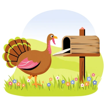 A turkey with vibrant feathers in shades of brown and iridescent green is joyfully peeking into a rustic wooden mailbox. The mailbox is positioned on the edge of a grassy field, surrounded by blooming wildflowers in various colors. The sunlight casts warm rays over the scene, illuminating the turkey's excited expression as it discovers a letter inside the mailbox. In the background, rolling hills and a clear blue sky complete the picturesque countryside setting.