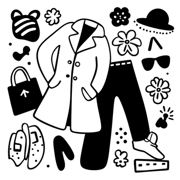 A collection of cut-out images of clothing items, including a stylish coat, a pair of shoes, and a hat. Various accessories, such as a handbag and a pair of sunglasses, are displayed alongside these clothing items. The background is filled with an assortment of patterns including stripes, polka dots, and floral designs, all layered to create depth and interest. The arrangement of the elements creates a dynamic composition, showcasing the vibrant energy of fashion.