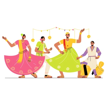 A Lavani dance performance taking place during wedding festivities. The dancers are wearing vibrant, colorful costumes with intricate patterns and embellishments, showcasing a mix of bright pinks, yellows, and greens. The dancers are in dynamic poses, conveying energetic movement, with one dancer spinning gracefully while another strikes a pose. Musical instruments like dholaks and cymbals are visible, emphasizing the lively music accompanying the performance. A backdrop of decorative floral arrangements and festive lights enhances the celebratory mood of the scene.
