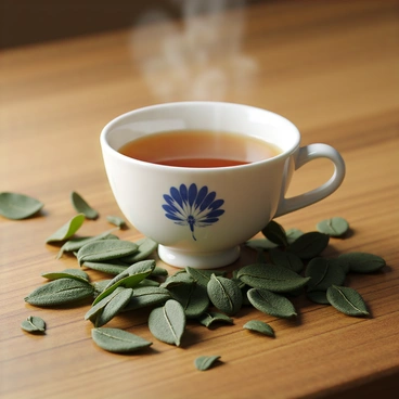 A porcelain cup filled with freshly brewed tea sits on a wooden table. Steam rises gently from the surface of the tea, creating a warm and inviting atmosphere. Surrounding the cup are scattered tea leaves, some in their natural form and others crushed into small pieces. The leaves are a deep green hue, contrasting with the delicate white and blue design on the cup. The scene captures a moment of tranquility and warmth.