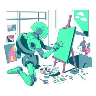 A teal robot with articulated limbs is intensely focused on painting a large canvas on an easel in a white art studio. The robot is holding a paintbrush in its right hand and dabbing it into a palette filled with vibrant colors. Behind the robot, the walls are adorned with various eclectic artworks, including abstract paintings and colorful sculptures. The floor is scattered with paint tubes and brushes, adding to the creative chaos of the studio. Sunlight streams through a large window, illuminating the robot and the canvas, creating a lively and dynamic atmosphere.