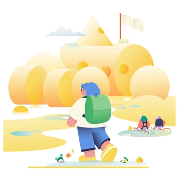 A character with bright blue hair and a green backpack is walking through a landscape made entirely of cheese. The ground is covered in soft, yellow cheddar grass, while large, round wheels of gouda serve as hills in the background. There are streams of melted cheese flowing gently, creating small puddles along the pathways. The sky above is a light pastel color, enhancing the whimsical atmosphere. The character has a look of wonder, gazing up at a castle shaped like a giant cheese wedge, complete with a flag made of cheesecloth waving gently in the breeze. Nearby, a group of playful mice with tiny backpacks is seen gathering cheese crumbs.