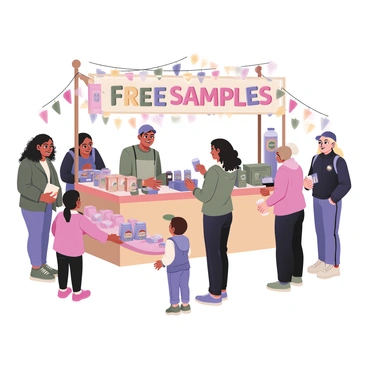A digital flat illustration of a bustling booth at a street festival. The booth is adorned with colorful banners featuring the words "Free Samples" in bold letters. There are multiple tables filled with various products, such as snack bags, drinks, and promotional items. Several people of diverse backgrounds are gathered around the booth, eagerly reaching for samples. A woman with curly hair is handing out small bags to a child with a baseball cap. A man with glasses is holding a drink while chatting with a friend. Colorful decorations, balloons, and strings of lights decorate the booth, adding to the festival atmosphere.