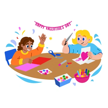 Two children sitting at a wooden table, focused on creating handmade Valentine cards. One child, a girl with curly brown hair, is using a pair of scissors to carefully cut out a heart shape from red construction paper. The other child, a boy with short blond hair, is gluing colorful glitter and stickers onto his card, which features a large pink heart in the center. The table is covered with a variety of colorful supplies, including markers, scissors, decorative paper, and a container filled with heart-shaped stickers. In the background, there are scattered supplies and a cheerful banner that reads "Happy Valentine's Day."