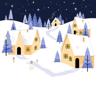 A quaint village with small, cozy cottages covered in a thick layer of white snow. The roofs of the houses are dusted with frost, and there are smoke wisps rising from the chimneys. Snow-covered trees line the village streets, creating a winding path through the landscape. The night sky is filled with twinkling stars, casting a soft glow over the scene. A gentle snowfall adds to the serene atmosphere, while a few snowmen are placed playfully near the cottages.