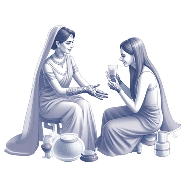 A modern Indian bride is seated comfortably, dressed in an elegant bridal outfit. Her hands are extended as an artist carefully applies intricate henna designs. The henna patterns are detailed, featuring floral motifs and geometric shapes that flow gracefully across her skin. The bride’s expression is one of concentration and joy as she admires the artwork being created. The artist, focused on the delicate task, is using a cone to apply the henna with precision. Surrounding them are traditional decorations, such as colorful fabrics and ornate accessories, enhancing the festive atmosphere of the pre-wedding rituals.