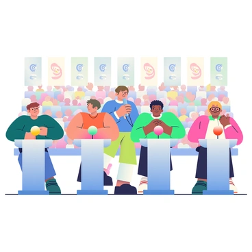 A group of four students is positioned behind individual podiums, each equipped with a brightly colored buzzer. They are focused intently on the quiz master, who stands in front of them with a microphone. The students display a variety of expressions, from concentration to excitement. In the background, a large audience is seated, with some members raising their hands in anticipation and others leaning forward in their seats. The venue is brightly lit, highlighting the energetic atmosphere of the competition. Banners with the quiz show logo are hanging from the ceiling, adding to the festive environment.