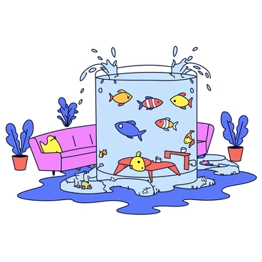 A room where a giant fish tank has burst, water and fish spilling out