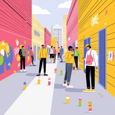 An urban street scene filled with colorful graffiti and large murals adorning brick walls. The graffiti features various shapes and designs in vibrant colors like red, blue, and yellow. There are abstract patterns and stylized letters, capturing the essence of street art culture. In the foreground, a group of diverse people are walking, admiring the art, and taking pictures. The ground is paved with gray asphalt, and scattered around are spray paint cans in various colors, emphasizing the artistic environment. Sunlight casts shadows, highlighting the textures of the walls and the vividness of the colors.