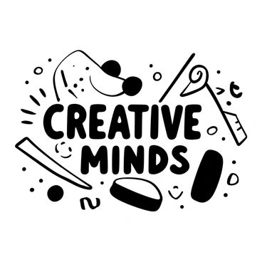 A large, bold text reading "Creative Minds" positioned centrally. The text is surrounded by abstract geometric shapes in a dynamic arrangement. Various patterns and lines create a sense of movement, adding depth to the composition. The overall design is striking and contemporary, with clear contrasts enhancing the visual impact.