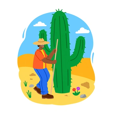 A gardener wearing a wide-brimmed hat is carefully staking a tall green cactus with dramatic spines in a desert landscape. The cactus is positioned prominently, surrounded by golden sand dunes and sparse patches of dry grass. The gardener is using a wooden stake, firmly securing it into the ground next to the cactus. In the clear blue sky above, a few fluffy white clouds drift lazily by. Scattered around the scene are small desert rocks and a couple of colorful wildflowers growing near the base of the cactus. The sun casts distinct shadows, emphasizing the textures of the cactus and the gardener's straw hat.