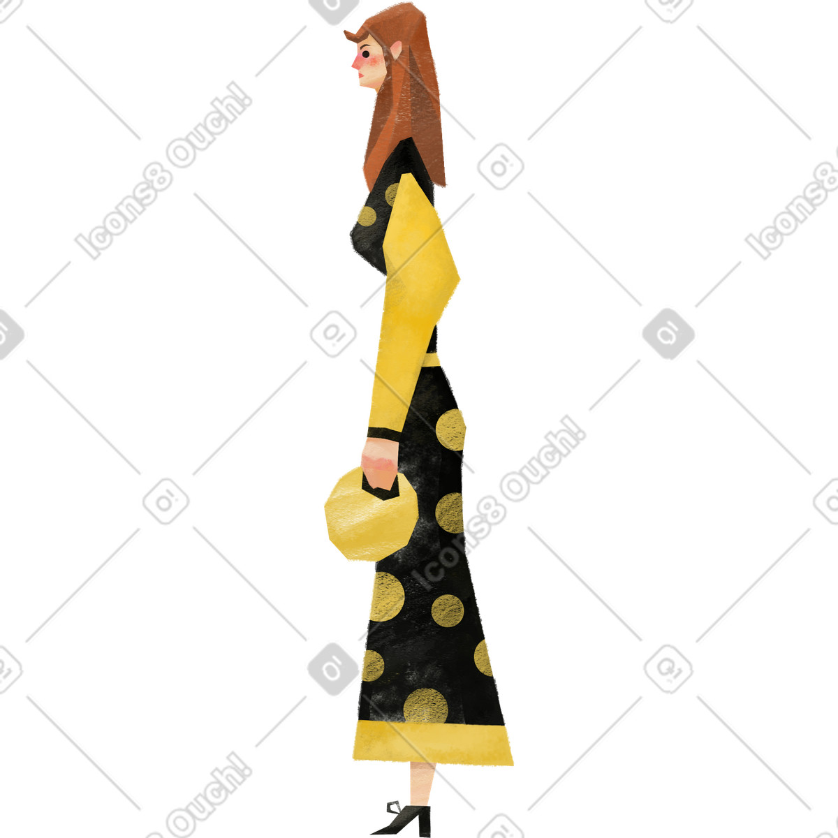 Side view person in long black dress with yellow spots illustration Family style download PNG, SVG