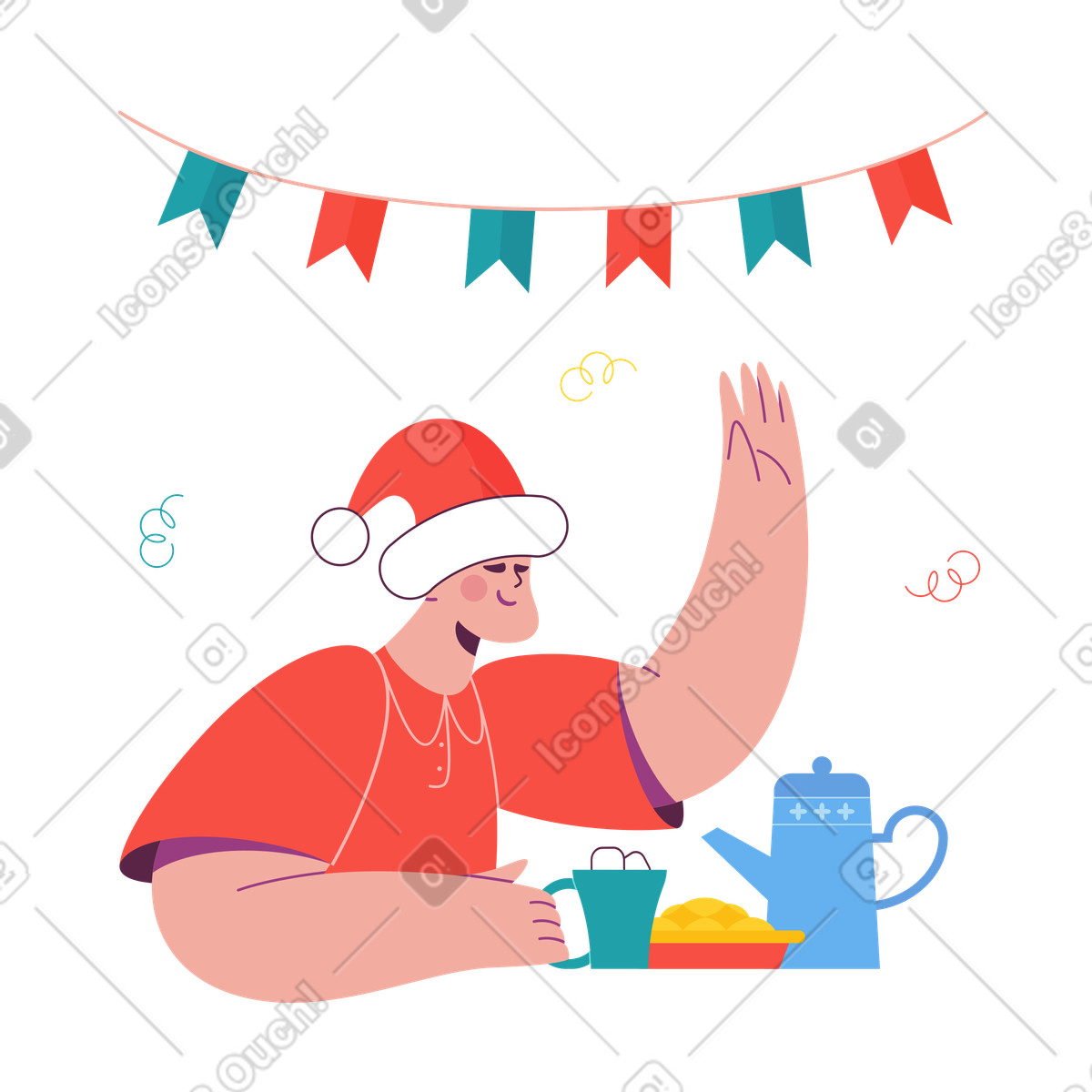 Man in santa hat enjoying Christmas dinner illustration clipart for culinary projects