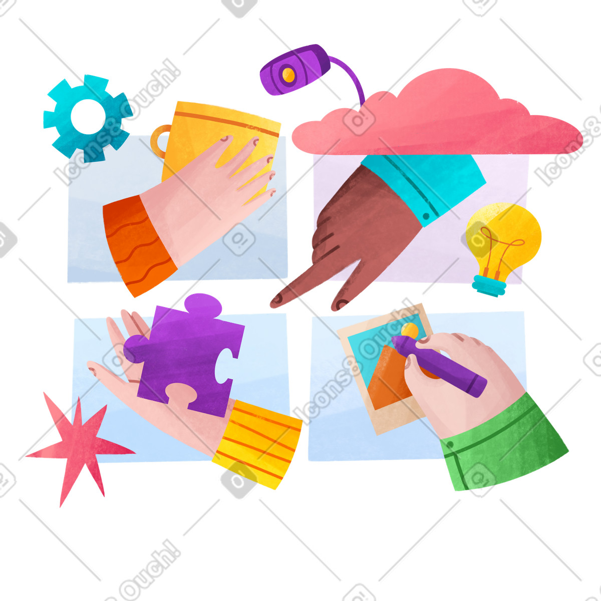 Bonbon スタイルの Remote teamwork and creativity, Virtual brainstorming online collaboration のイラストをPNG、SVG形式でダウンロード