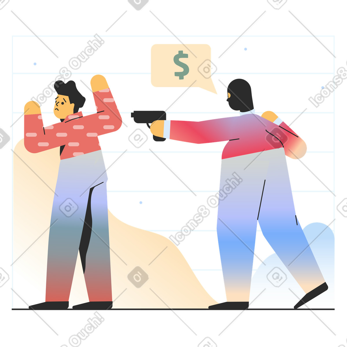 Ilustração de Ladrão armado dizendo a um homem para lhe dar dinheiro em no estilo Marginalia baixar em PNG, SVG
