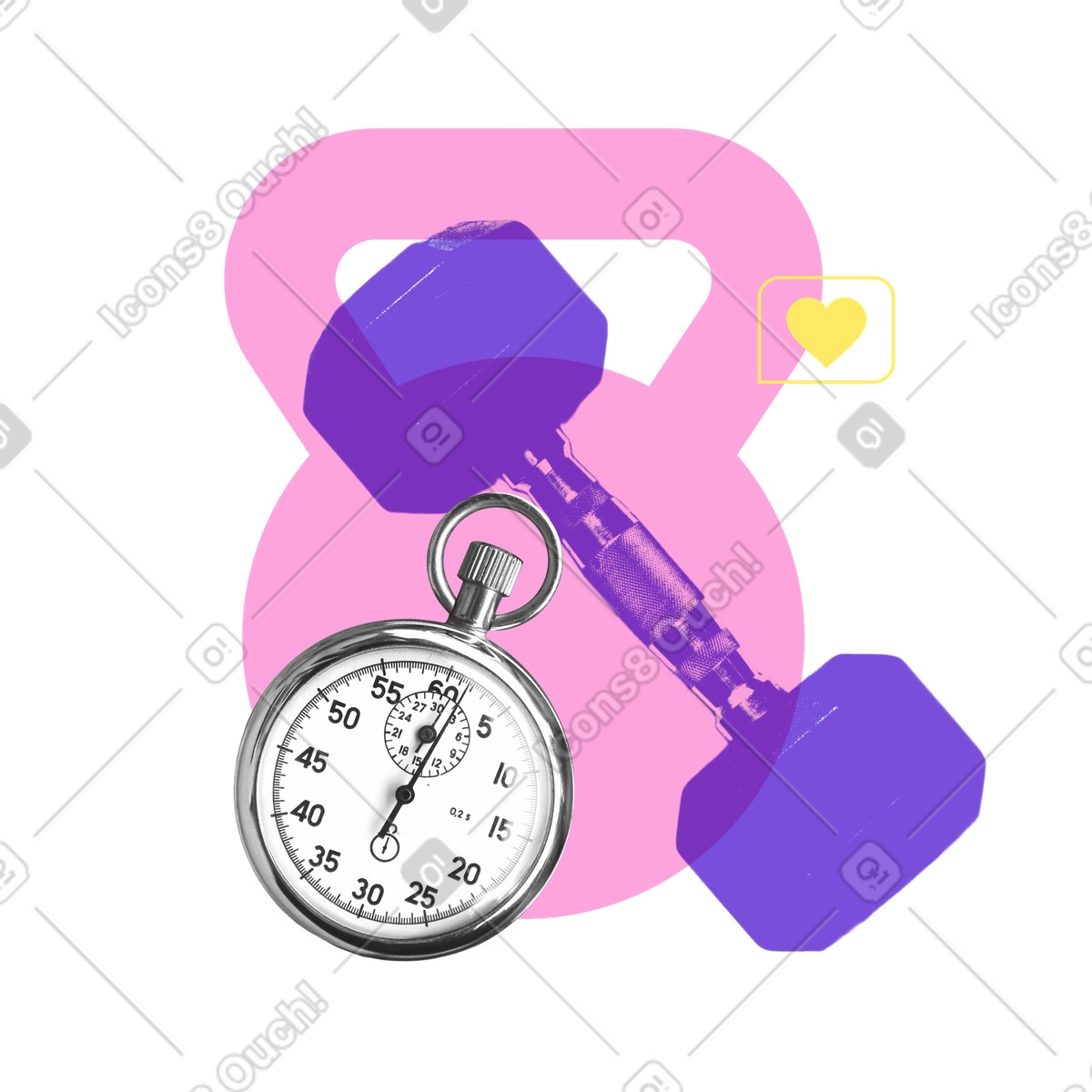 Illustration Équipement sportif : chronomètre, haltère et kettlebell dans le style Print à télécharger aux formats PNG, SVG