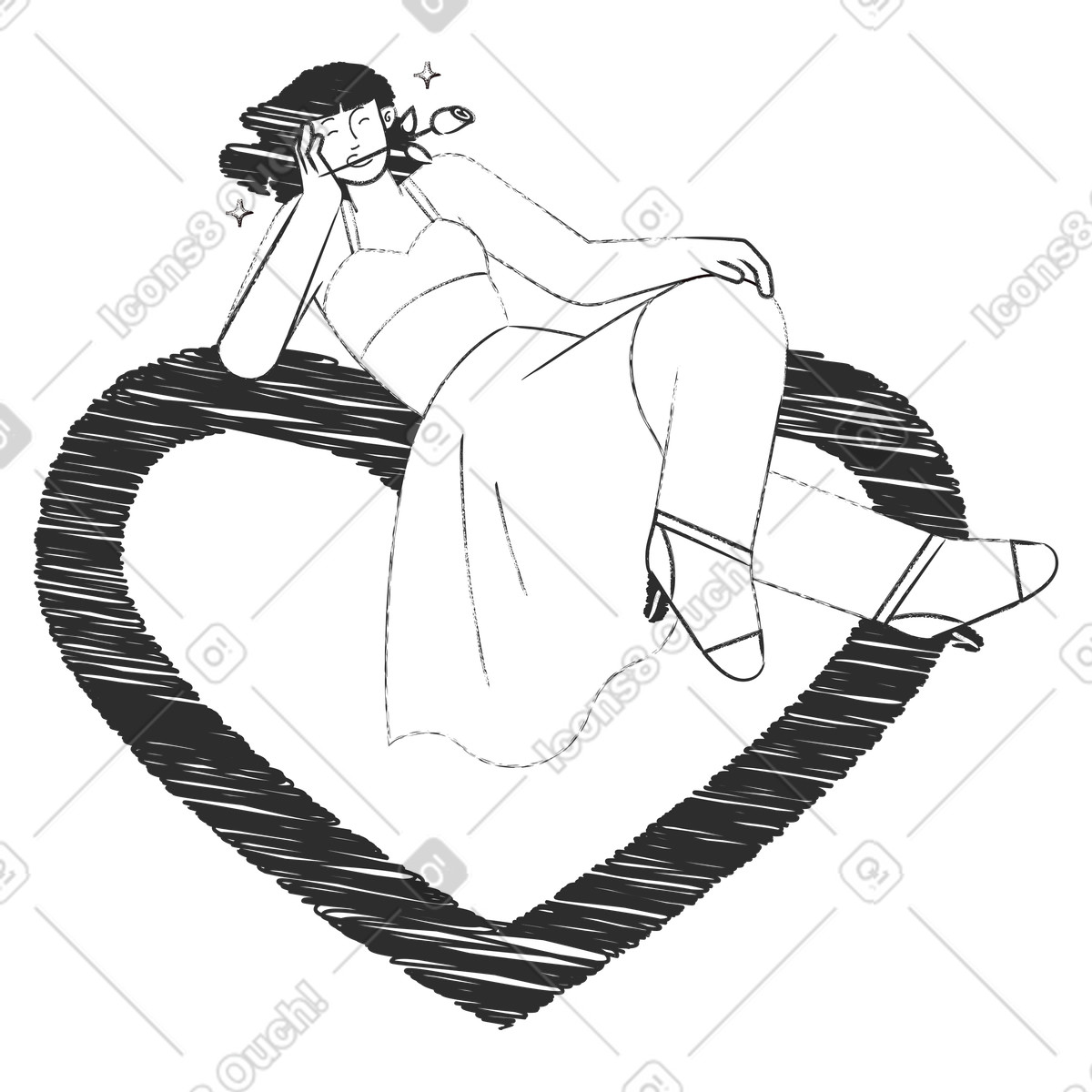 Person with rose relaxing on large heart shape, love and romance-Illustration im Graphite-Stil als Download in PNG, SVG