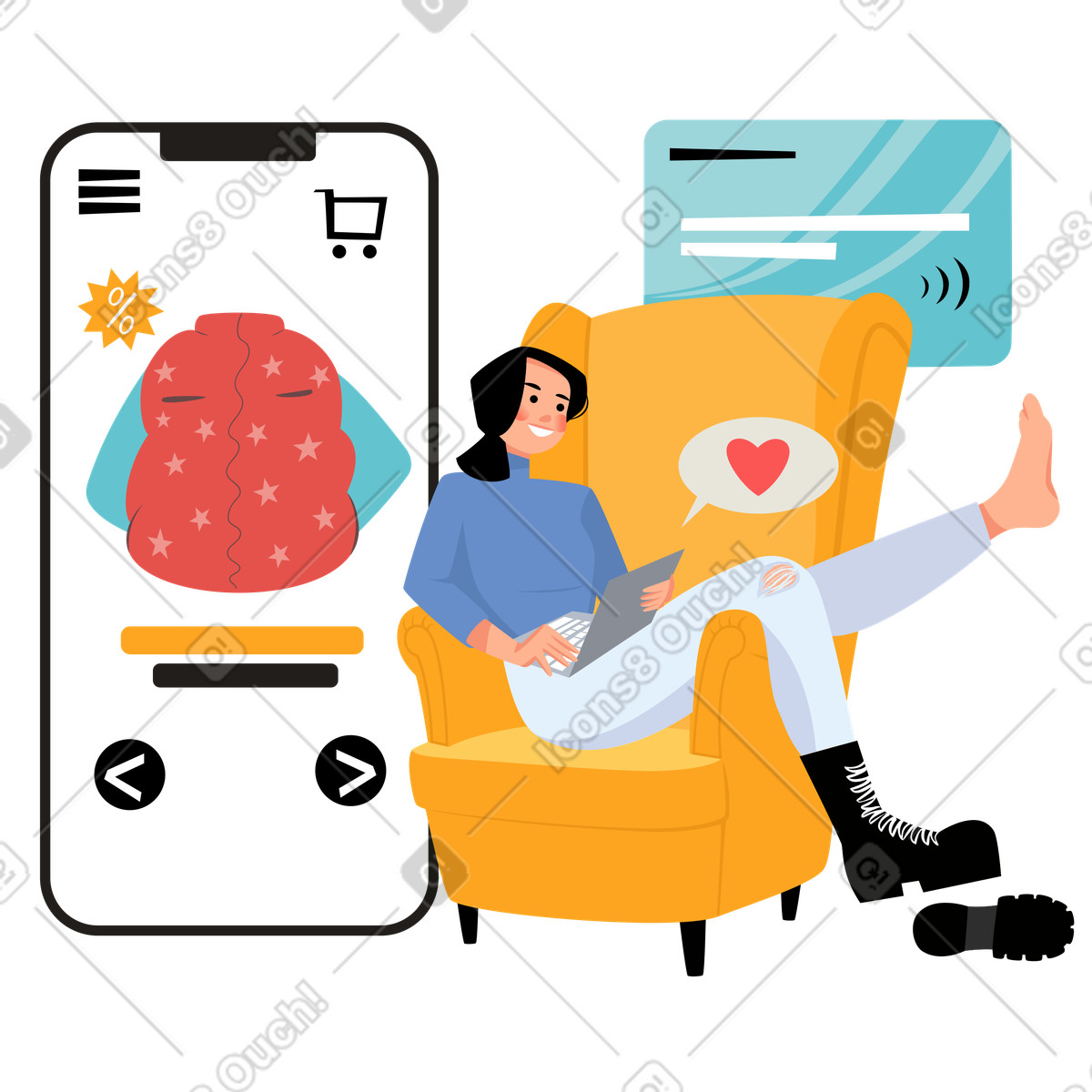 Shopping online donna seduta sul divano illustrazione in stile Lagom scarica in PNG, SVG