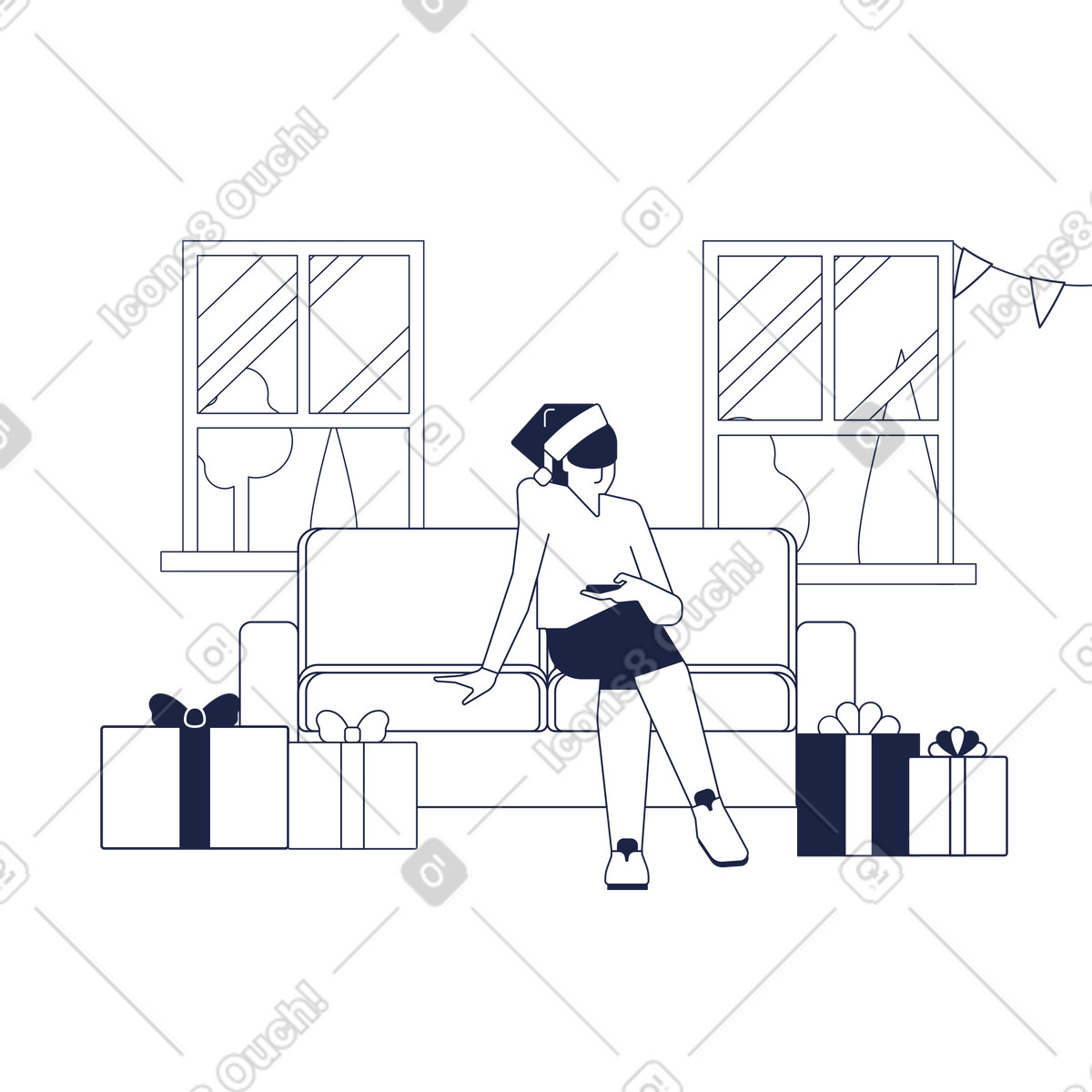 Illustration Sitting on sofa with phone and gift boxes, Online shopping at home dans le style Urban Line à télécharger aux formats PNG, SVG
