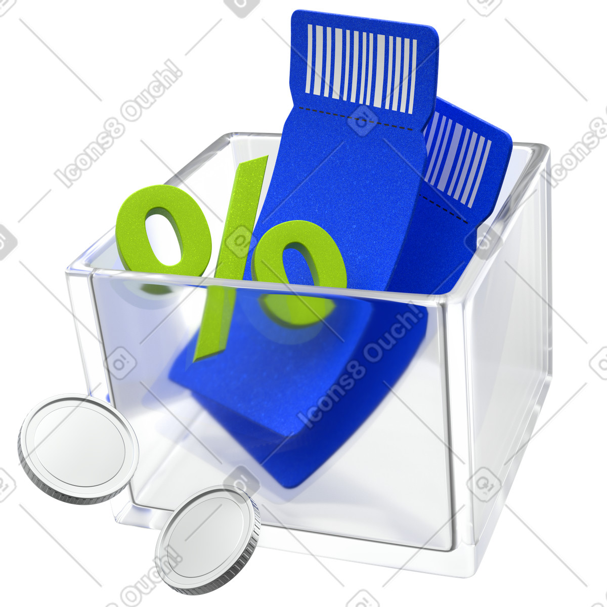 Discount coupon box, Promo vouchers with percent symbol, Shopping savings illustration in 3D Enterprise style download in PNG, SVG