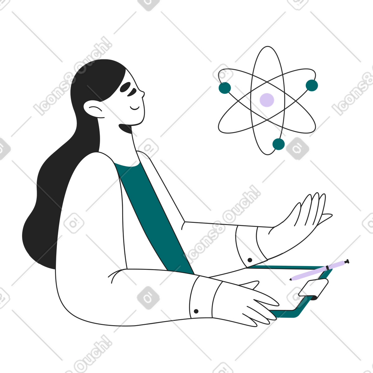 Scientist with clipboard observing atom, Science education and research-Illustration im Sammy Line-Stil als Download in PNG, SVG
