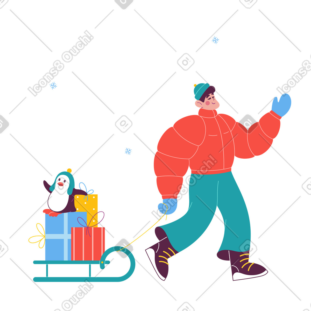 Man carrying sleigh with christmas gifts illustration in Sammy style download in PNG, SVG