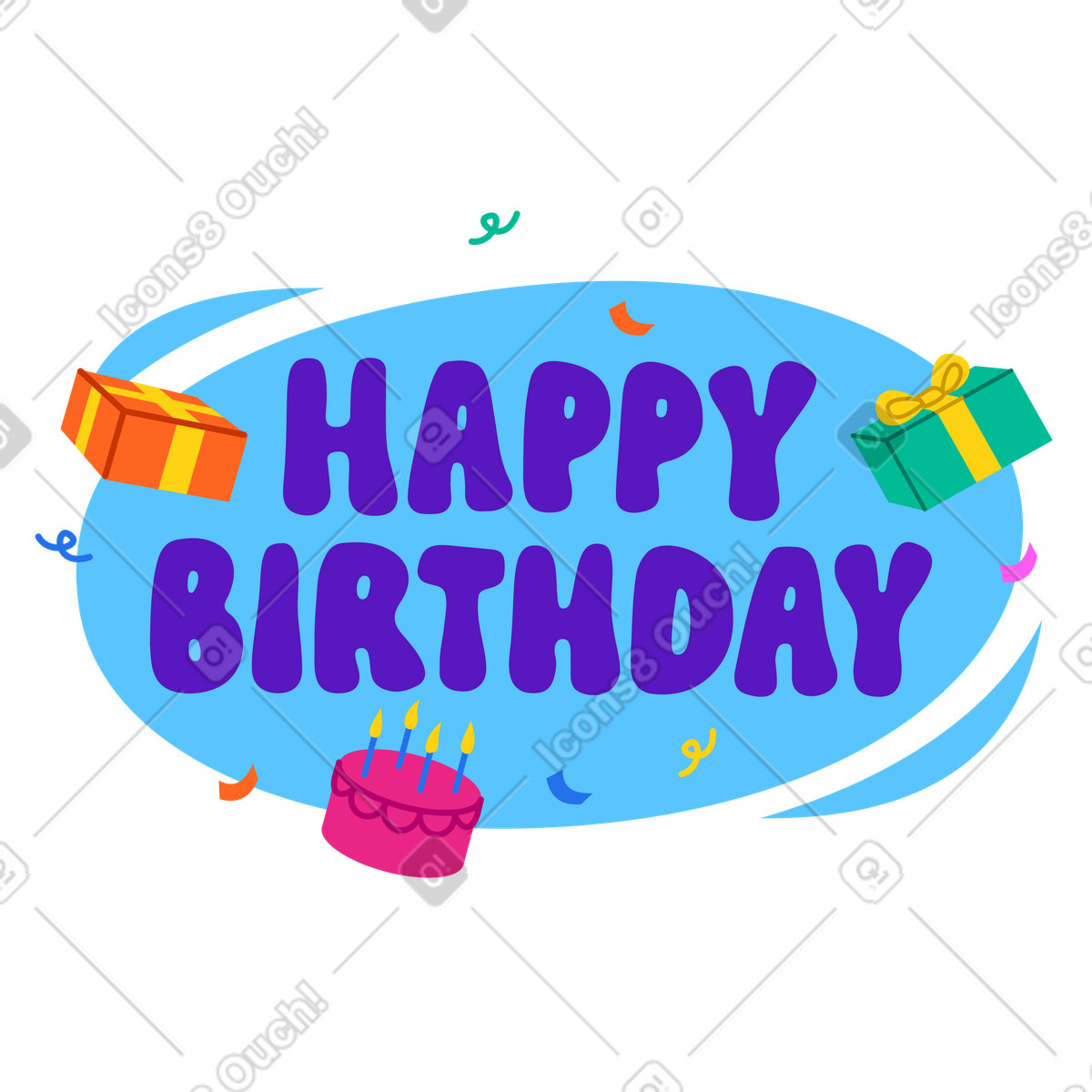 Happy birthday lettering with presents and cake illustration in Active style download in PNG, SVG