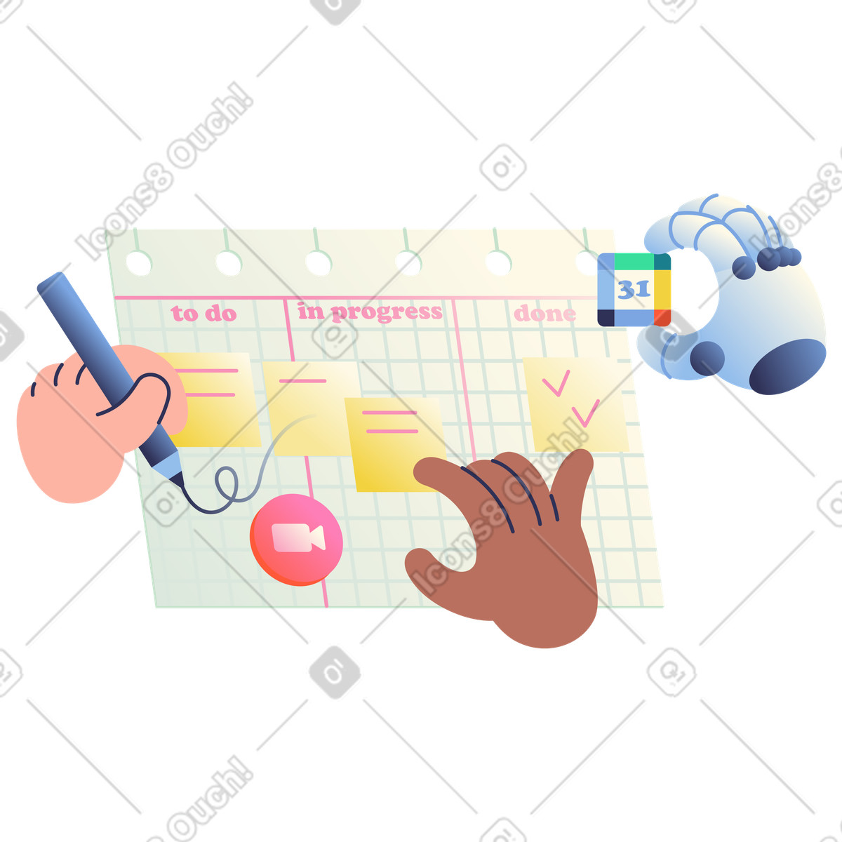 Illustration animée Tableau kanban en mouvement, flux de travail style - coopération homme + ia dans la gestion des tâches ou cycles sprint le Beam à télécharger aux formats GIF, Lottie (JSON), AE