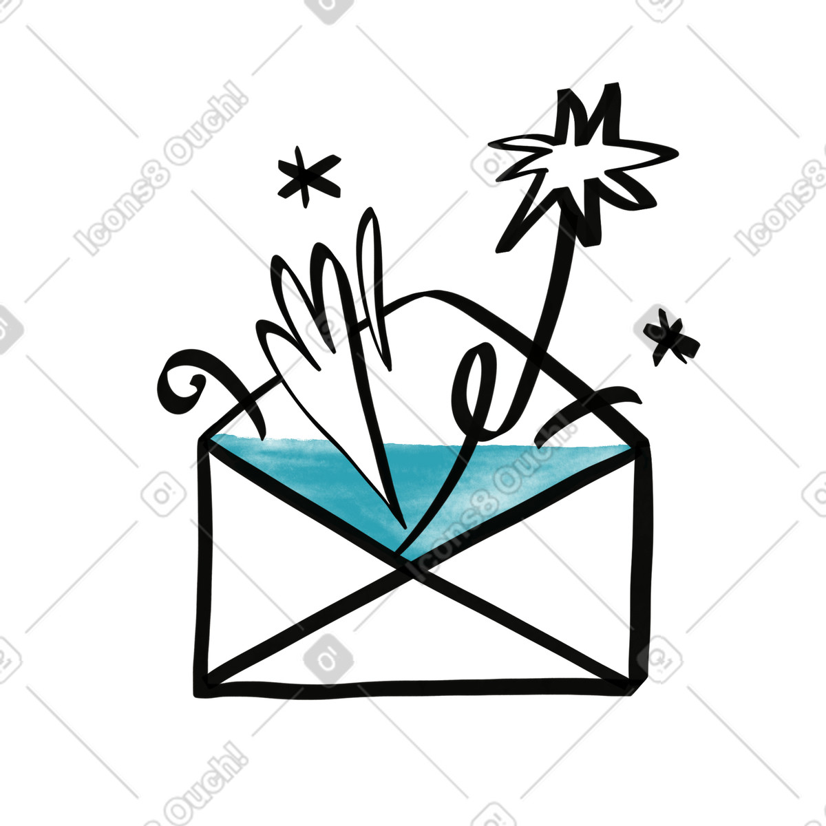 Illustration Mail envelope opening with festive scribbles and sparkling star accents dans le style Watercolor sketch à télécharger aux formats PNG, SVG
